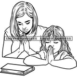 Black And White Hard Praying Hand  Mom And Daughter Praying Hand On Table Close Eyes Happy Family Bible Book On Table BW SVG JPG PNG Vector Clipart Cricut Silhouette Cut Cutting