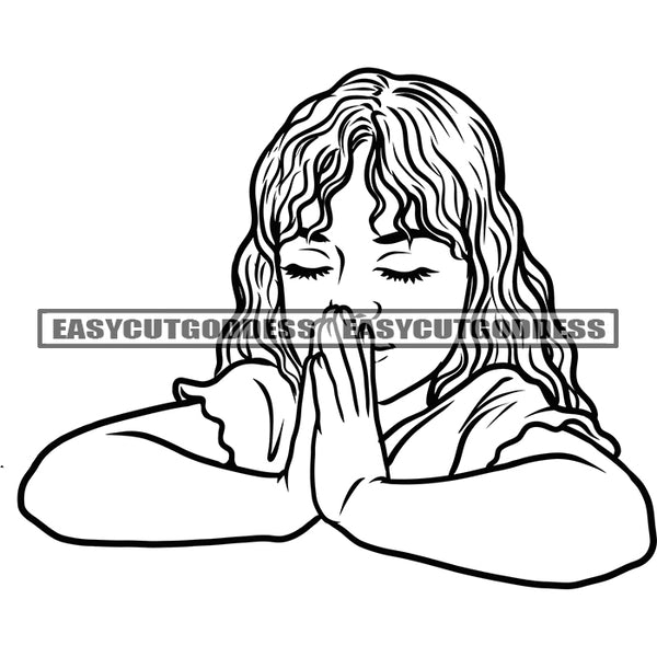 Cute Baby Girl Praying Hard Praying Hand Black And White Curly Hairstyle Daughter Close Eyes Vector SVG JPG PNG Vector Clipart Cricut Silhouette Cut Cutting