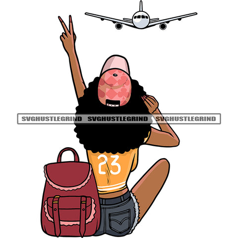 African American Travel Blogger Woman Sitting Pose Wearing Hat Handbag Airplane Vector Curly Hairstyle Design Element SVG JPG PNG Vector Clipart Cricut Silhouette Cut Cutting