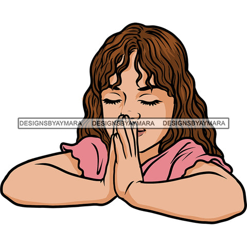 Cute Baby Girl Praying Hard Praying Hand Color Design Element Curly Hairstyle Daughter Close Eyes Vector SVG JPG PNG Vector Clipart Cricut Silhouette Cut Cutting