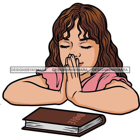 Bible Book On Table Cute Baby Girl Praying Hard Praying Hand Color Design Element Curly Hairstyle Daughter Close Eyes Vector SVG JPG PNG Vector Clipart Cricut Silhouette Cut Cutting