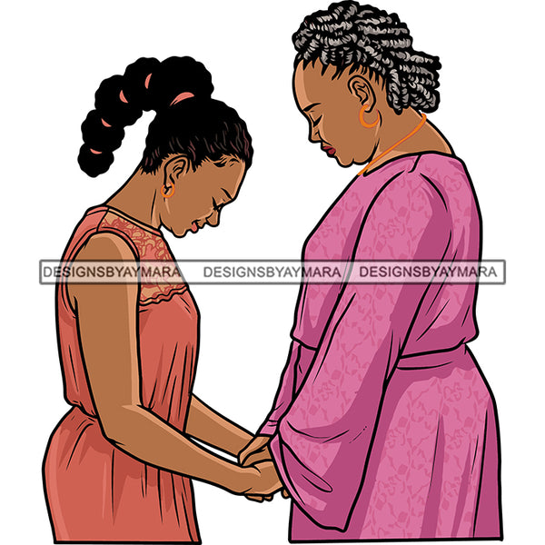 Afro Mother Holding Hand Daughter Curly Hairstyle Wearing Hoop Earing Two Woman Stand In Profile Side Face Vector White Background SVG JPG PNG Vector Clipart Cricut Silhouette Cut Cutting