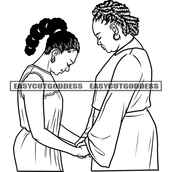 Black And White Afro Mother Holding Hand Daughter Curly Hairstyle Wearing Hoop Earing Two Woman Stand In Profile Side Face Vector Artwork Design Element SVG JPG PNG Vector Clipart Cricut Silhouette Cut Cutting