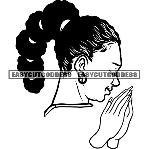 African American Hard Praying Hand Afro Woman Side Face Artwork Design Element Black And White Curly Hairstyle Long Nail BW SVG JPG PNG Vector Clipart Cricut Silhouette Cut Cutting