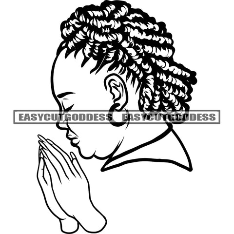 African American Hard Praying Hand Afro Woman Side Face Fat Woman Artwork Design Element Black And White Curly Hairstyle Long Nail BW SVG JPG PNG Vector Clipart Cricut Silhouette Cut Cutting