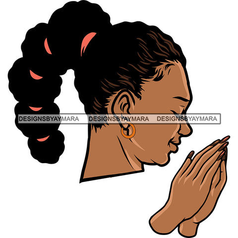 African American Hard Praying Hand Afro Woman Side Face Artwork Design Element Smile Face Happy Life Curly Hairstyle Long Nail BW SVG JPG PNG Vector Clipart Cricut Silhouette Cut Cutting