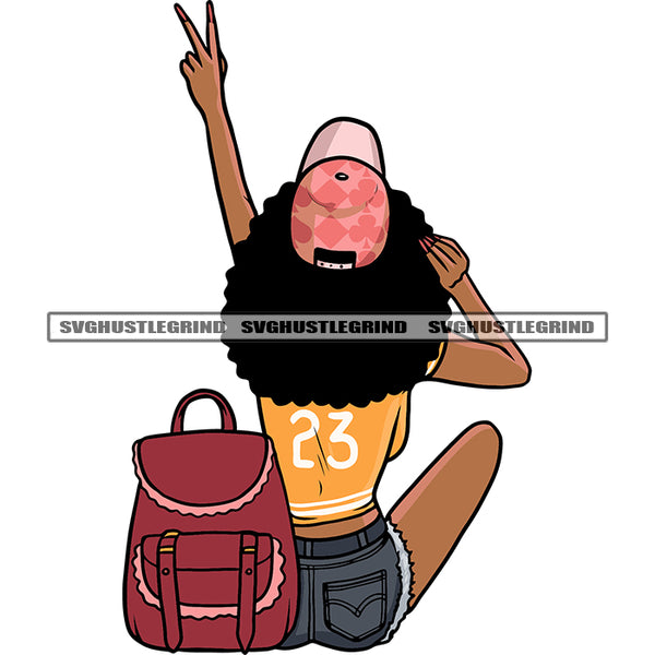 African American Girl Peach Hand Sign Travel Blogger Woman Sitting Pose Wearing Hat Handbag Vector Curly Hairstyle Design Element SVG JPG PNG Vector Clipart Cricut Silhouette Cut Cutting