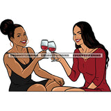Afro Woman Sitting Front Side Holding Wine Glass Smile Face Curly Hairstyle Wearing Hoop Earing Vector White Background Party Time SVG JPG PNG Vector Clipart Cricut Silhouette Cut Cutting