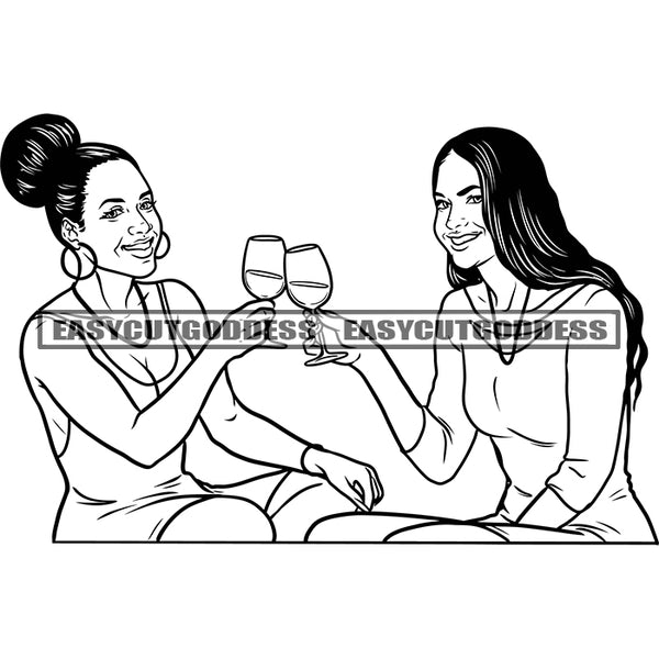 Black And White Afro Woman Sitting Front Side Holding Wine Glass Smile Face Curly Hairstyle Wearing Hoop Earing Vector BW Artwork Party Time SVG JPG PNG Vector Clipart Cricut Silhouette Cut Cutting