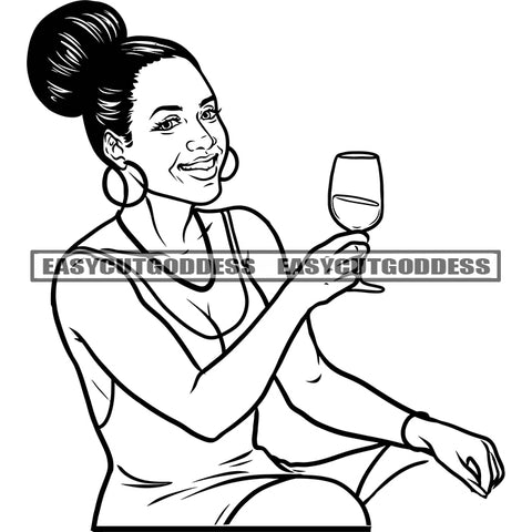 Afro Woman Holding Wine Glass Smile Face Black And White African American Woman Party Time Woman Sitting Pose Wearing Hoop Earing SVG JPG PNG Vector Clipart Cricut Silhouette Cut Cutting