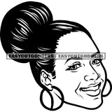African American Woman Smile Face Wearing Hoop Earing Curly Hairstyle Black And White Artwork Design Element Happy Face SVG JPG PNG Vector Clipart Cricut Silhouette Cut Cutting