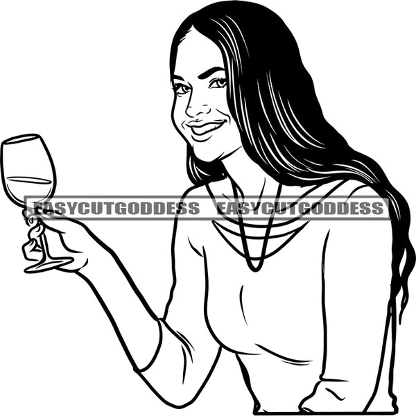 Afro Woman Holding Wine Glass Smile Face Black And White African American Woman Party Time Woman Sitting Pose Wearing Hoop Earing SVG JPG PNG Vector Clipart Cricut Silhouette Cut Cutting