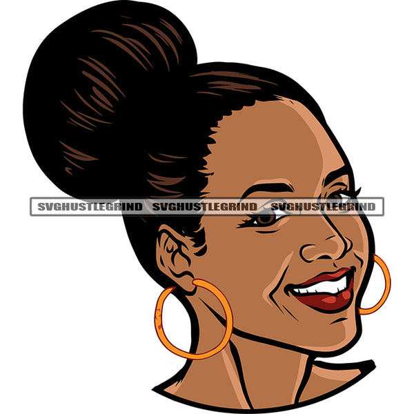 African American Woman Smile Face Wearing Hoop Earing Curly Hairstyle White Teethe Red Lipstick Artwork Design Element Happy Face SVG JPG PNG Vector Clipart Cricut Silhouette Cut Cutting