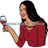 African American Woman Holding Wine Glass Smile Face Afro Woman Party Time Woman Sitting Pose White Teeth Wearing Hoop Earing SVG JPG PNG Vector Clipart Cricut Silhouette Cut Cutting