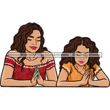 African American Mom And Daughter Praying Pose Curly Hairstyle Happy Face Design Element Close Eyes Hard Praying Hand SVG JPG PNG Vector Clipart Cricut Silhouette Cut Cutting