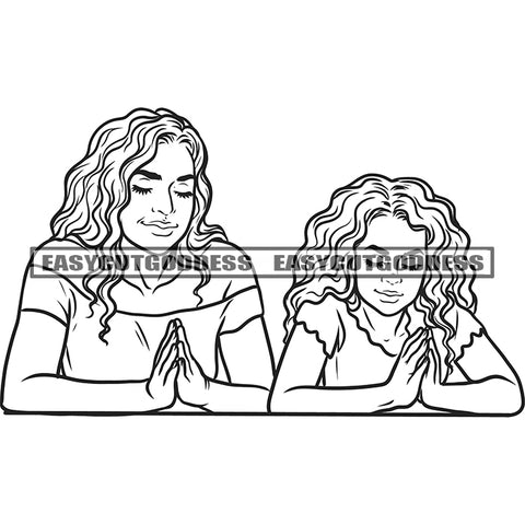 Black And White African American Mom And Daughter Praying Pose Curly Hairstyle Happy Face Design Element Close Eyes Hard Praying Hand SVG JPG PNG Vector Clipart Cricut Silhouette Cut Cutting