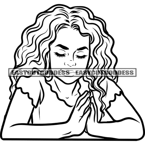 Afro Girl Praying Hand Black And White Curly Hairstyle African American Girl Close Eyes Artwork Smile Face Happy Life Design Element SVG JPG PNG Vector Clipart Cricut Silhouette Cut Cutting