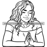 Afro Woman Hard Praying Hand African American Woman Curly Hairstyle God Praying Pose Woman Close Eyes Smile Face SVG JPG PNG Vector Clipart Cricut Silhouette Cut Cutting
