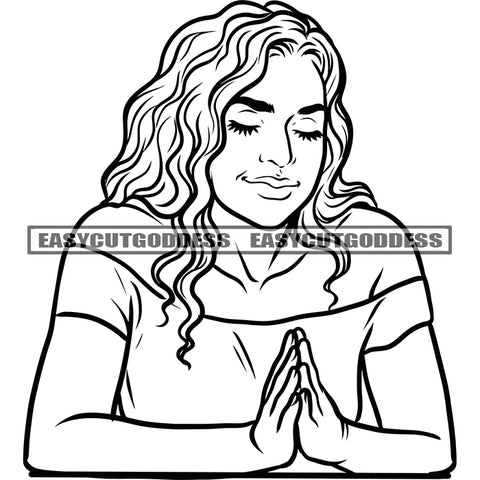 Afro Woman Hard Praying Hand African American Woman Curly Hairstyle God Praying Pose Woman Close Eyes Smile Face SVG JPG PNG Vector Clipart Cricut Silhouette Cut Cutting