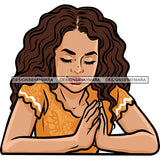Afro Girl Praying Hand Color Design Element Curly Hairstyle African American Girl Close Eyes Artwork Smile Face Happy Life White Background SVG JPG PNG Vector Clipart Cricut Silhouette Cut Cutting