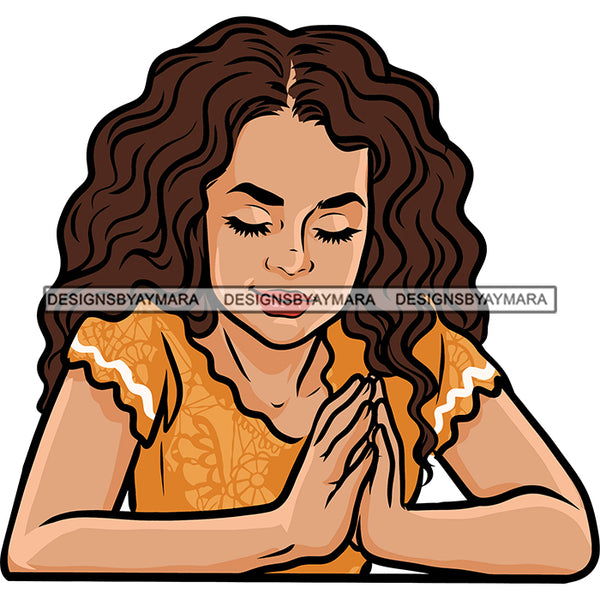 Afro Girl Praying Hand Color Design Element Curly Hairstyle African American Girl Close Eyes Artwork Smile Face Happy Life White Background SVG JPG PNG Vector Clipart Cricut Silhouette Cut Cutting