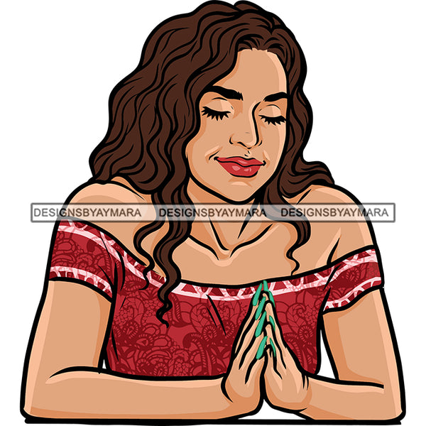 Afro Woman Hard Praying Hand African American Woman Curly Hairstyle God Praying Pose Woman Close Eyes Smile Face Color Design Element SVG JPG PNG Vector Clipart Cricut Silhouette Cut Cutting