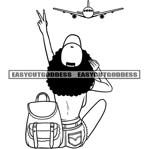 African American Travel Blogger Woman Peach Hand Sign Black And White Color Artwork Sitting Pose Wearing Hat Handbag Airplane Curly Hairstyle Design Element SVG JPG PNG Vector Clipart Cricut Silhouette Cut Cutting