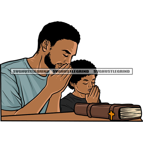 Afro Man And Son Praying Hard Praying Hand African American Father And Son Bible Book On Table Design Element SVG JPG PNG Vector Clipart Cricut Silhouette Cut Cutting