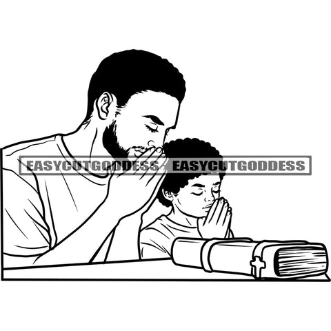 Black And White Afro Man And Son Praying Hard Praying Hand African American Father And Son Bible Book On Table Design Element BW SVG JPG PNG Vector Clipart Cricut Silhouette Cut Cutting
