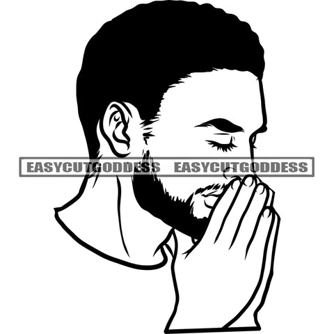 African American Man Hard Praying Hand Curly Short Hairstyle Vector Black And White Close Eyes Side Face Design Element SVG JPG PNG Vector Clipart Cricut Silhouette Cut Cutting