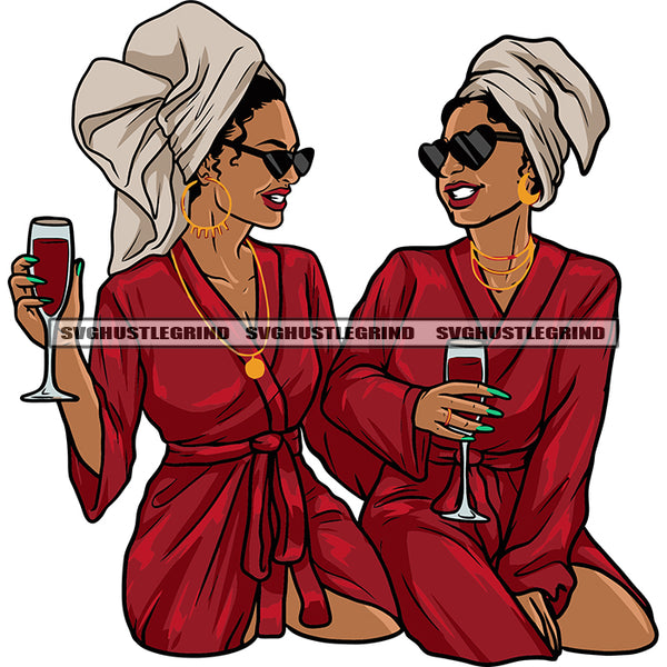 Two Sexy Afro Woman Holding Wine Glass Wearing Sunglasses And Hoop Earing Towel On Head Smile Face Design Element SVG JPG PNG Vector Clipart Cricut Silhouette Cut Cutting