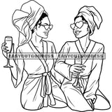 Black And White Two Sexy Afro Woman Holding Wine Glass Wearing Sunglasses And Hoop Earing Towel On Head Smile Face Design Element SVG JPG PNG Vector Clipart Cricut Silhouette Cut Cutting