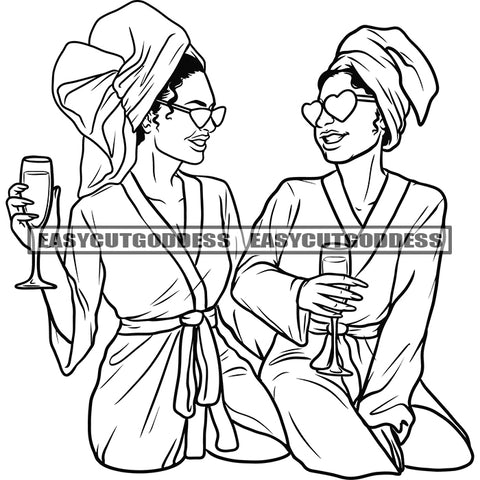 Black And White Two Sexy Afro Woman Holding Wine Glass Wearing Sunglasses And Hoop Earing Towel On Head Smile Face Design Element SVG JPG PNG Vector Clipart Cricut Silhouette Cut Cutting