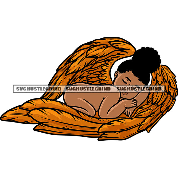 African American Baby Girls Angel Sleep On Wings Curly Hairstyle Close Eyes Undress Vector Design Element White Background SVG JPG PNG Vector Clipart Cricut Silhouette Cut Cutting