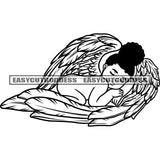Black And White African American Baby Girls Angel Sleep On Wings Curly Hairstyle Close Eyes Undress Vector Design Element BW SVG JPG PNG Vector Clipart Cricut Silhouette Cut Cutting