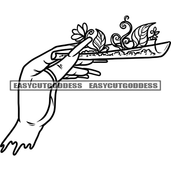 Black And White Female Hand Holding Weed Paper Marijuana Long Nail African American Woman Hand Color Stars Weed Leaf BW Design Element SVG JPG PNG Vector Clipart Cricut Silhouette Cut Cutting