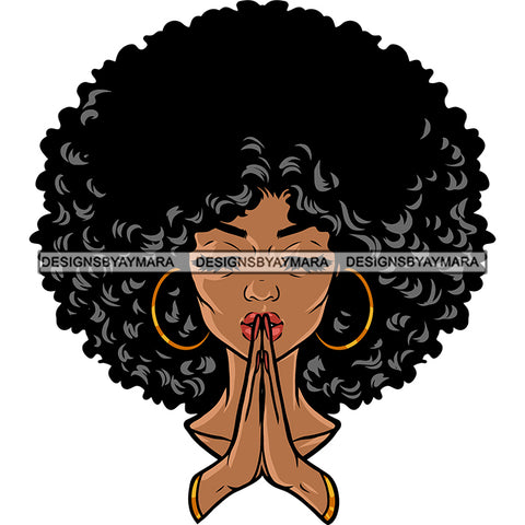 Afro Woman Hard Praying Hand African American Afro Hairstyle Wearing Hoop Earing Close Design Element White Background SVG JPG PNG Vector Clipart Cricut Silhouette Cut Cutting
