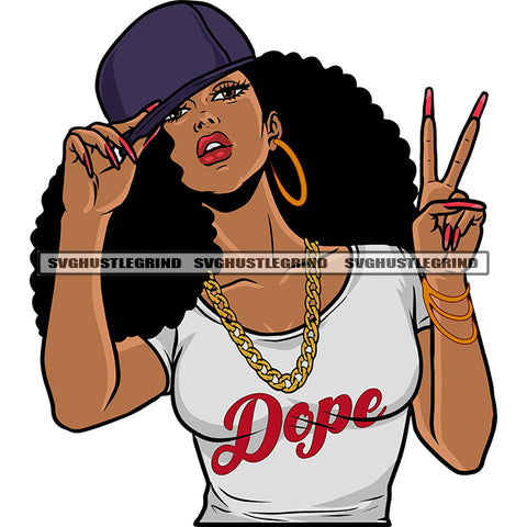 Afro Woman Peach Hand Sign Design Element Curly Hairstyle African American Woman Holding Cap Hoop Earing Long Nail Sexy Pose SVG JPG PNG Vector Clipart Cricut Silhouette Cut Cutting