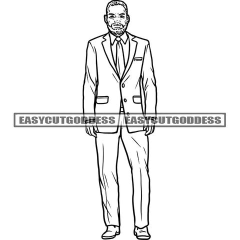 Black And White African American Old Man Wearing Business Suit Male Character Standing Clothing Jacket Strong Man Design Element White Background SVG JPG PNG Vector Clipart Cricut Silhouette Cut Cutting