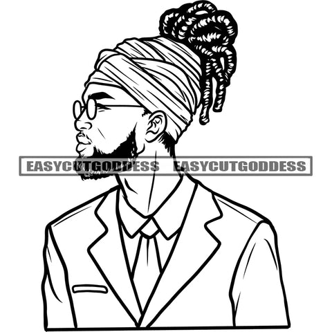Black And White African American Man Wearing Business Suit Male Character Wearing Sunglasses Locus Hairstyle Clothing Jacket BW Design Element SVG JPG PNG Vector Clipart Cricut Silhouette Cut Cutting