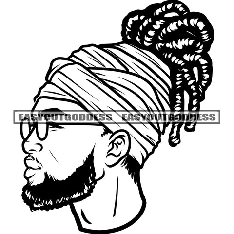 Black And White African American Man Wearing Hair Band Male Character Face And Head Artwork Wearing Sunglasses Locus Hairstyle Clothing Jacket BW Design Element SVG JPG PNG Vector Clipart Cricut Silhouette Cut Cutting