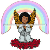 African American Baby Angle Sitting On Rose Flower Afro Hairstyle Wings Rainbow Background Design Element Hard Praying Hand SVG JPG PNG Vector Clipart Cricut Silhouette Cut Cutting