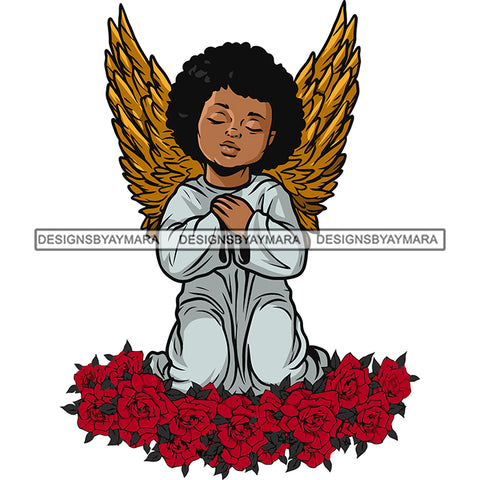 African American Baby Angle Sitting On Rose Flower Afro Hairstyle Wings White Background Design Element Hard Praying Hand Close Eyes SVG JPG PNG Vector Clipart Cricut Silhouette Cut Cutting
