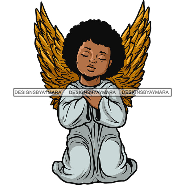 African American Baby Angle Hard Praying Hand Close Eyes Afro Hairstyle Vector Golden Color Wings Sitting Pose Design Element White Background SVG JPG PNG Vector Clipart Cricut Silhouette Cut Cutting