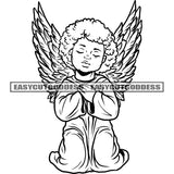 Black And White African American Baby Angle Hard Praying Hand Close Eyes Afro Hairstyle Vector Golden Color Wings Sitting Pose Design Element BW Background SVG JPG PNG Vector Clipart Cricut Silhouette Cut Cutting