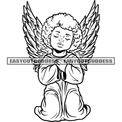Black And White African American Baby Angle Hard Praying Hand Close Eyes Afro Hairstyle Vector Golden Color Wings Sitting Pose Design Element BW Background SVG JPG PNG Vector Clipart Cricut Silhouette Cut Cutting