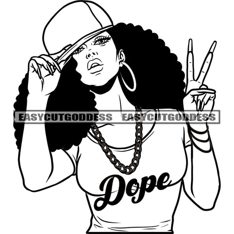 Afro Woman Peach Hand Sign Black And White Design Element BW Curly Hairstyle African American Woman Holding Cap Hoop Earing Long Nail Sexy Pose SVG JPG PNG Vector Clipart Cricut Silhouette Cut Cutting