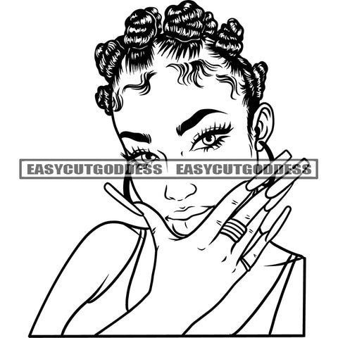 African American Afro Woman Cute Face Long Girls Nail Curly Hairstyle Wearing Hoop Earing Vector Design Element Black And White BW SVG JPG PNG Vector Clipart Cricut Silhouette Cut Cutting