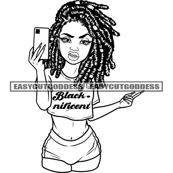 Afro Girl Holding Phone African American Girl Woman Black And White Angry Face Long Nail Wearing Hoop Earing Locus Hairstyle BW SVG JPG PNG Vector Clipart Cricut Silhouette Cut Cutting