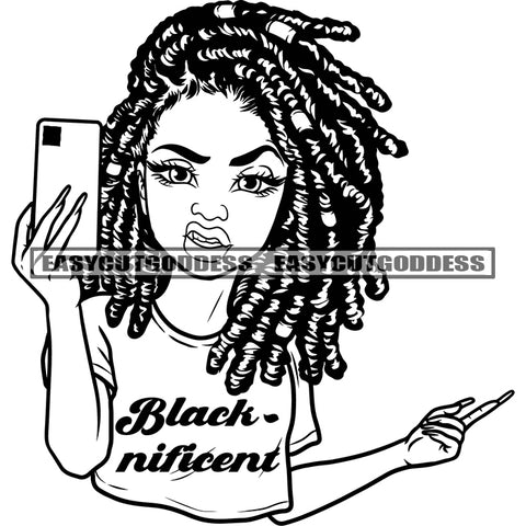 Afro Girl Holding Phone Selfie Pose African American Girl Woman Black And White Angry Face Long Nail Wearing Hoop Earing Locus Hairstyle BW SVG JPG PNG Vector Clipart Cricut Silhouette Cut Cutting